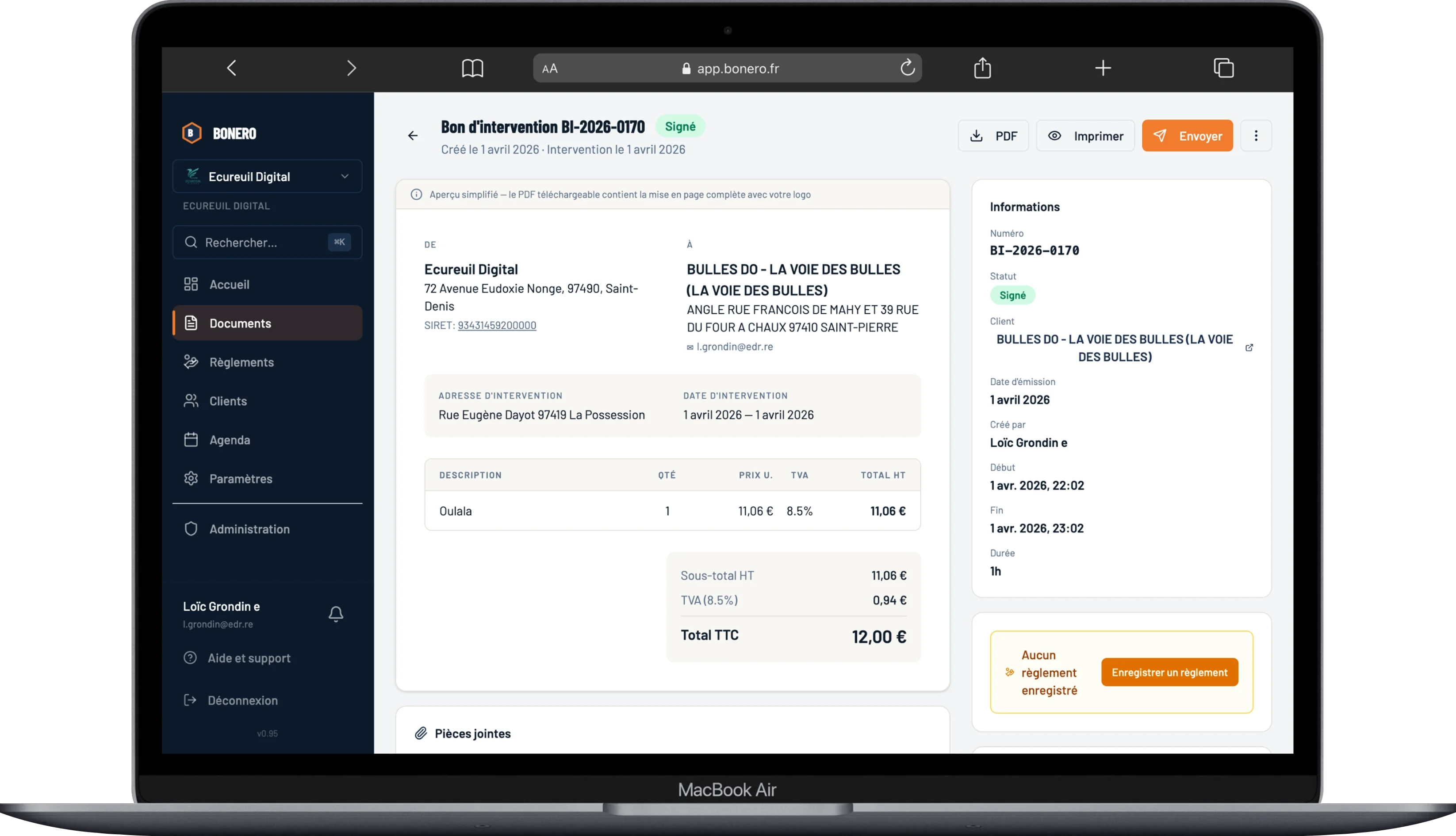 Détail d'un bon d'intervention signé