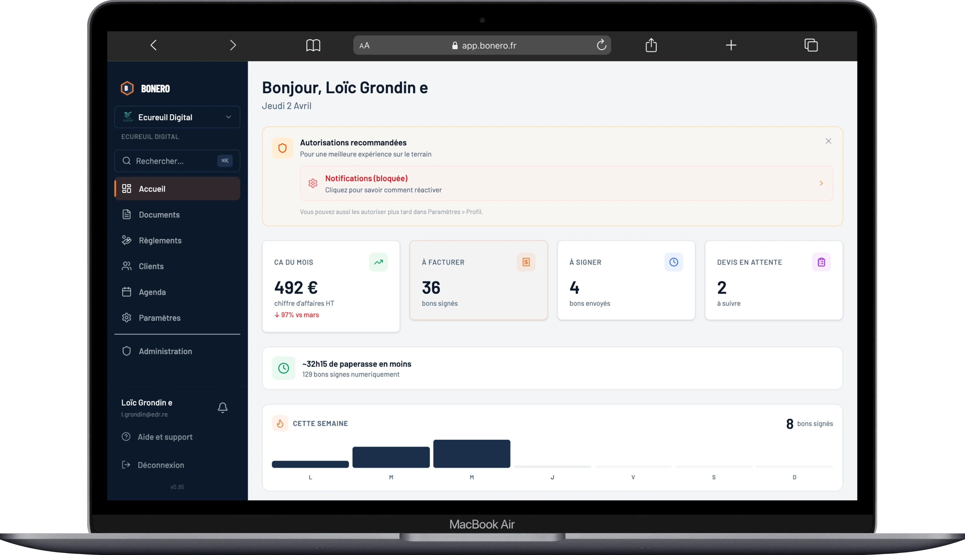 Dashboard avec KPIs et suivi d'activité
