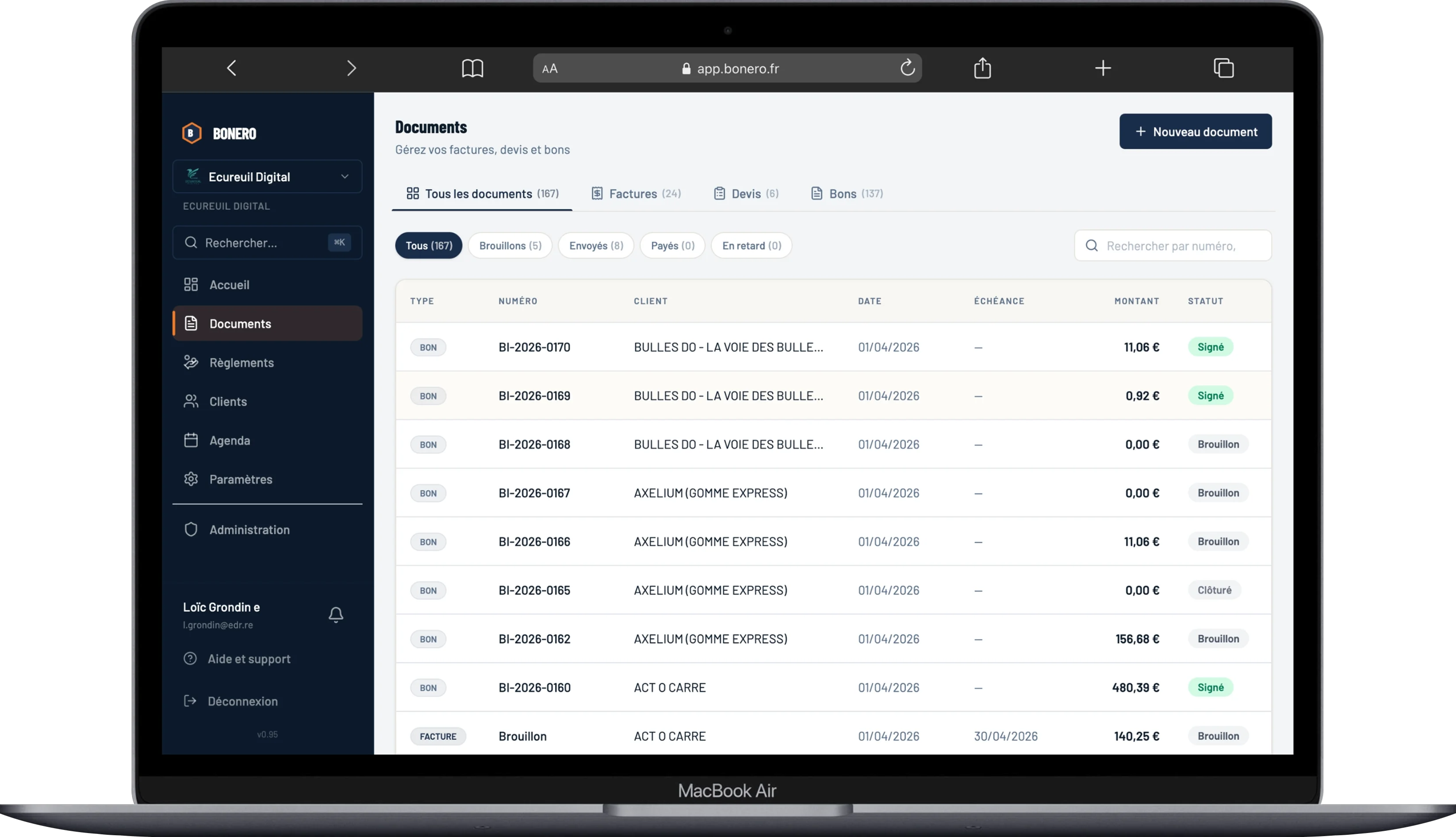 Page Documents : factures, devis et bons