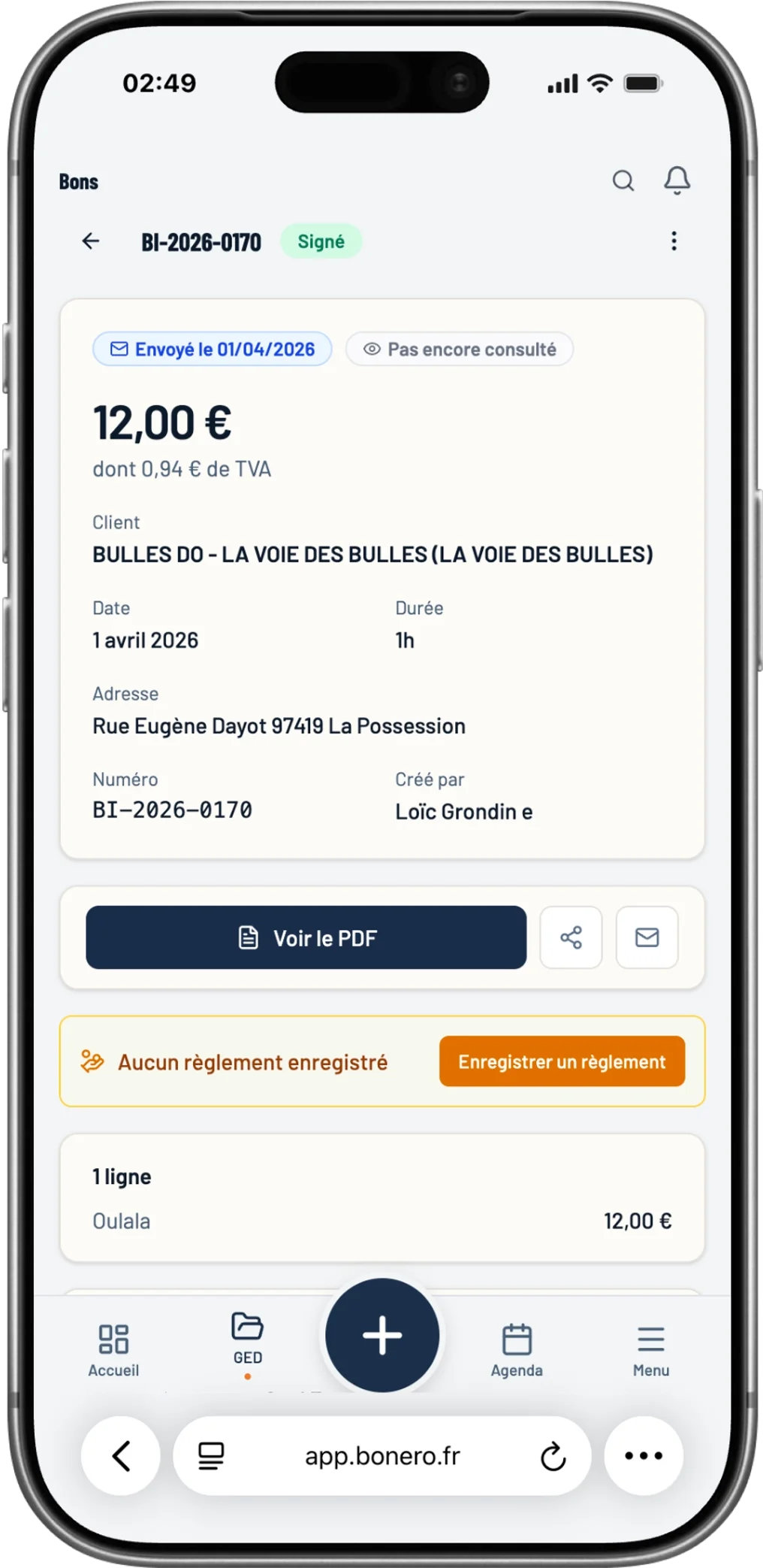 Bon d'intervention signé sur mobile