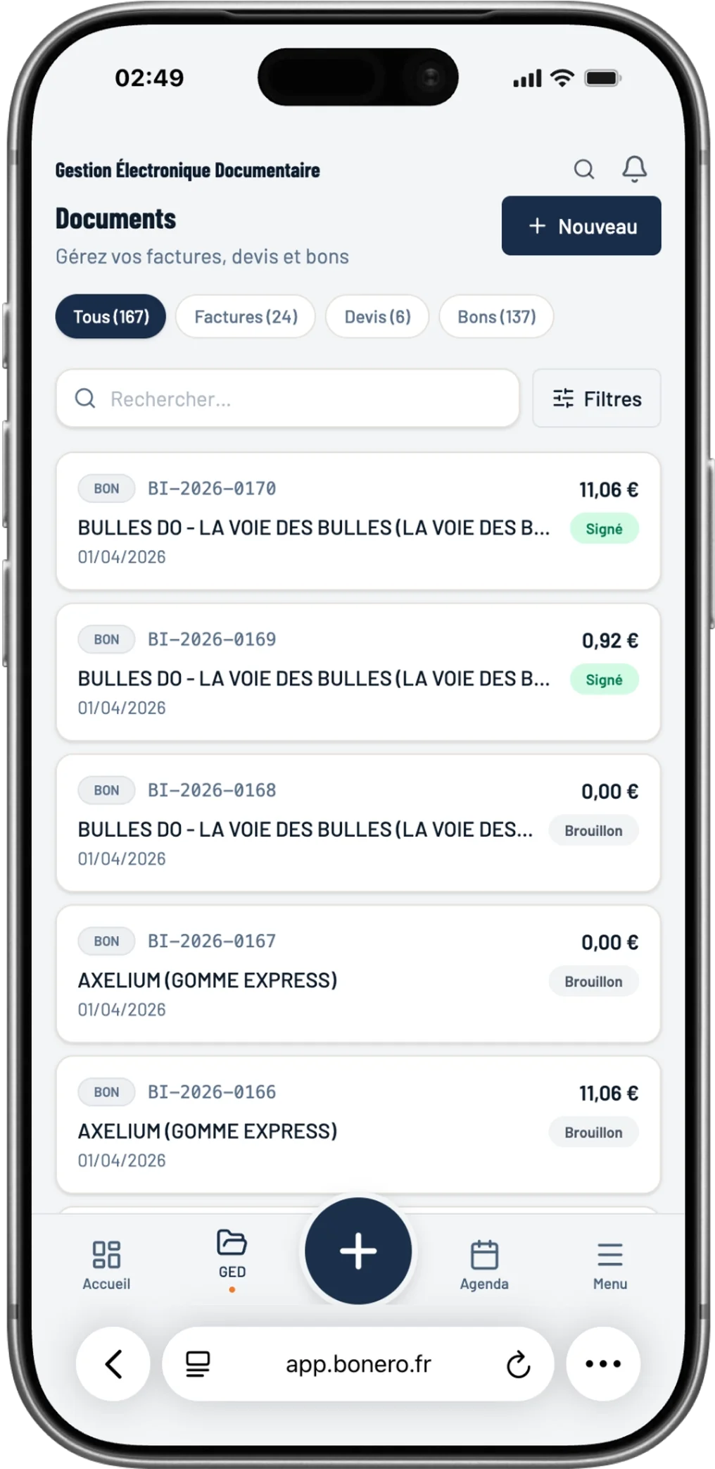 Liste des factures et devis sur mobile