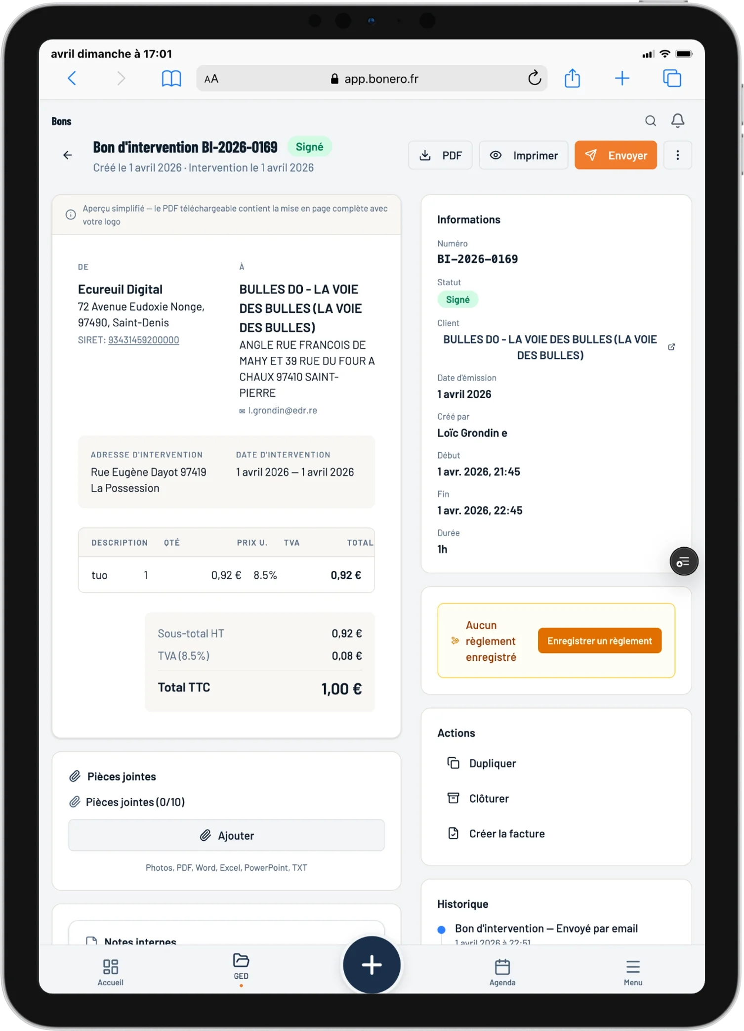 Dashboard Bonero sur iPad